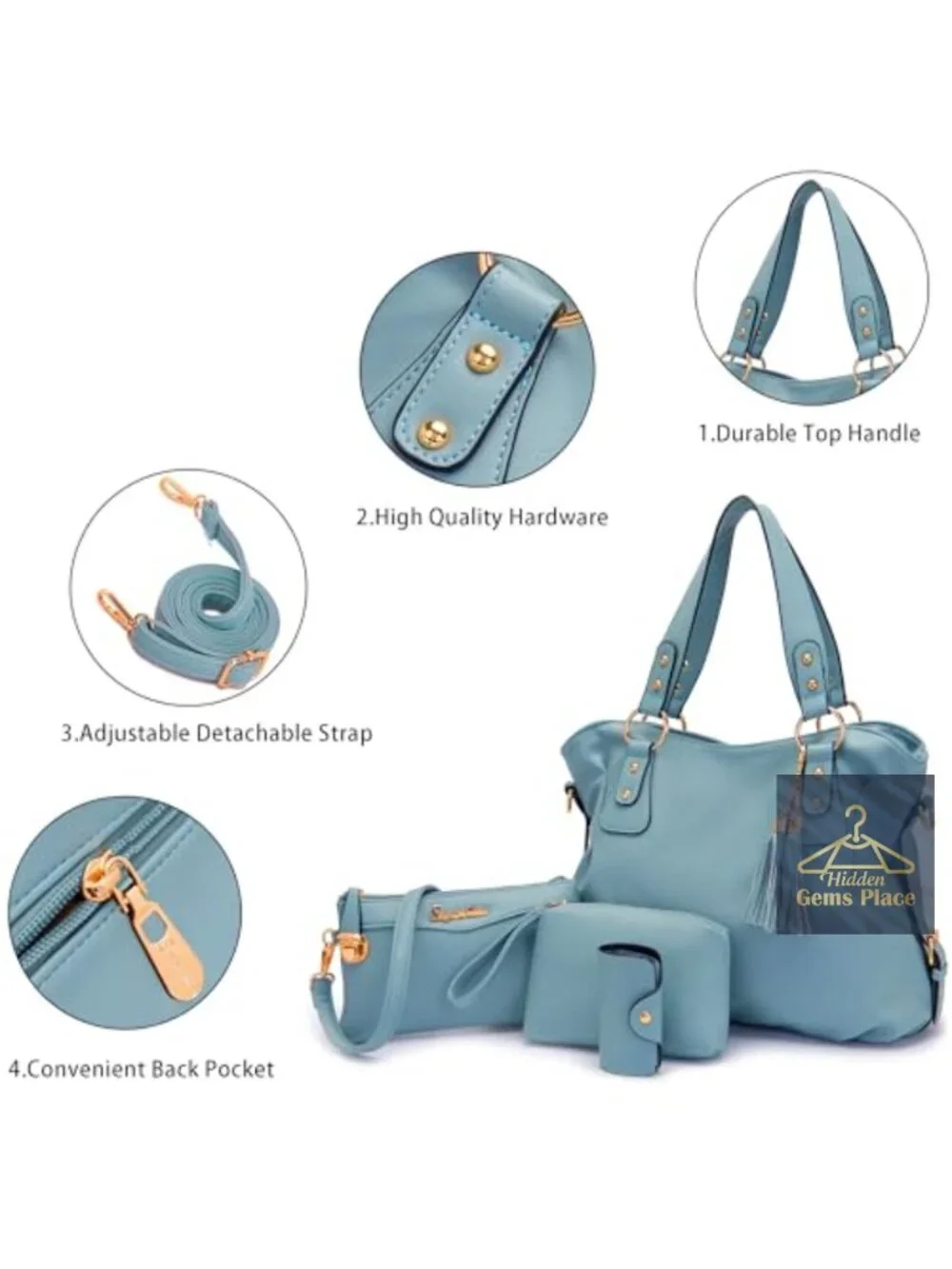 4pcs Hobo Tote Handbag Set Soft Vegan Leather Large Capacity Detachable Strap
